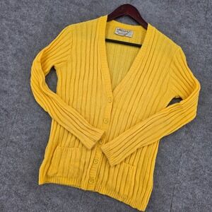 Vintage Jaeger London Yellow Ribbed Knit V-Neck Cardigan Sweater Made in GB 36